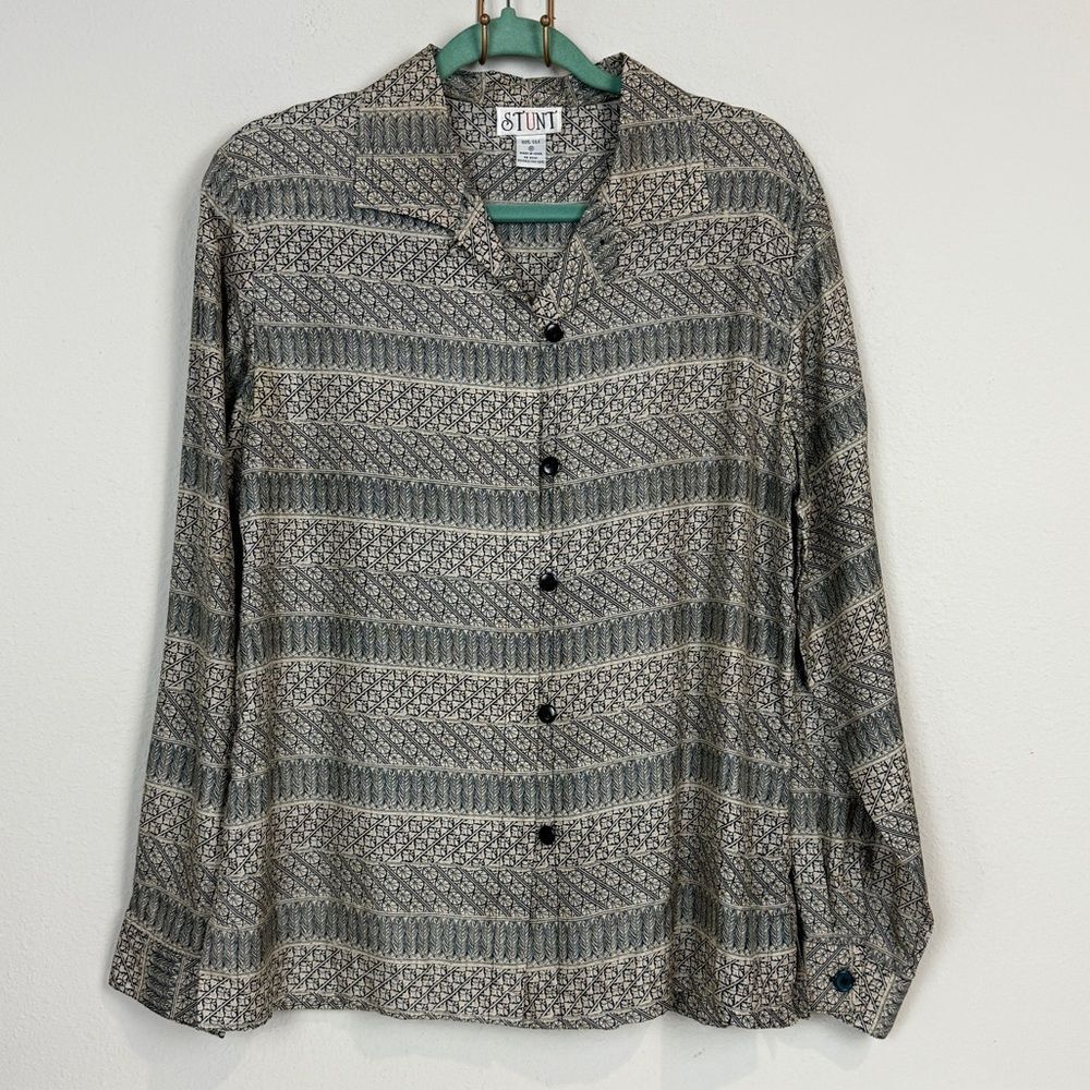 Vintage 90s Stunt Silk Beige Black Printed Long Sleeve Shirt M